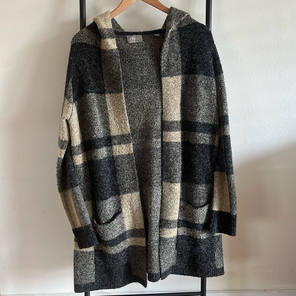 Cyrus Long Sleeve Cardigan Plaid Black Gray and Tan Hooded